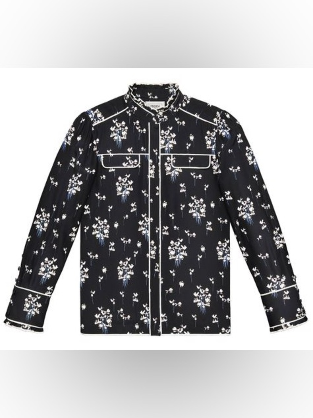 Erdem x H&M Silk Floral Blouse Size 4 Black Ruffle Collar Button Front